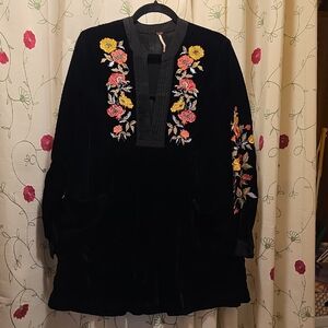 Free People Black Velvet Embroiderd tunic Length Dress
